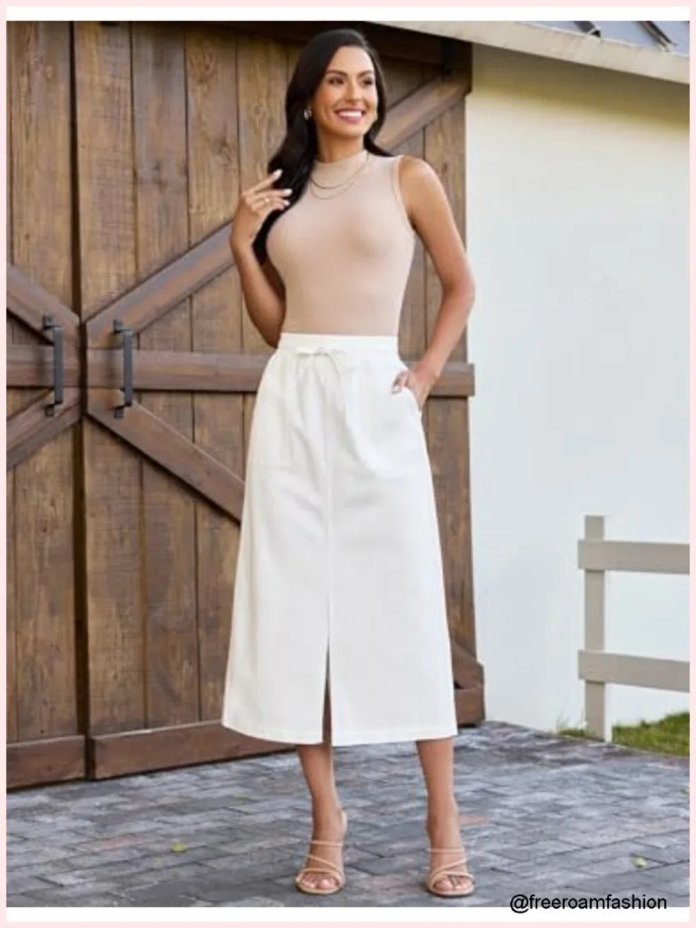 High Waisted Midi Denim Drawstring Elastic Waist Skirt with Pockets Front Slit